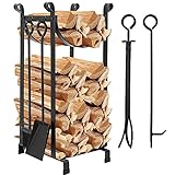 Amagabeli Kaminholzregal mit 4-teilig Besteck 78x29x35.8cm Innen Kaminholzständer Kamin Begleiter Set Draussen Holzregal 2 Ablagen Schmiedeeisen Brennholzregal Kaminbesteck Kaminholzhalter Holzhalter